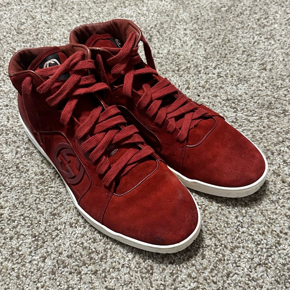 Gucci GG Hightop Red Suede Leather Men’s Fashion Sneakers Size 13 C